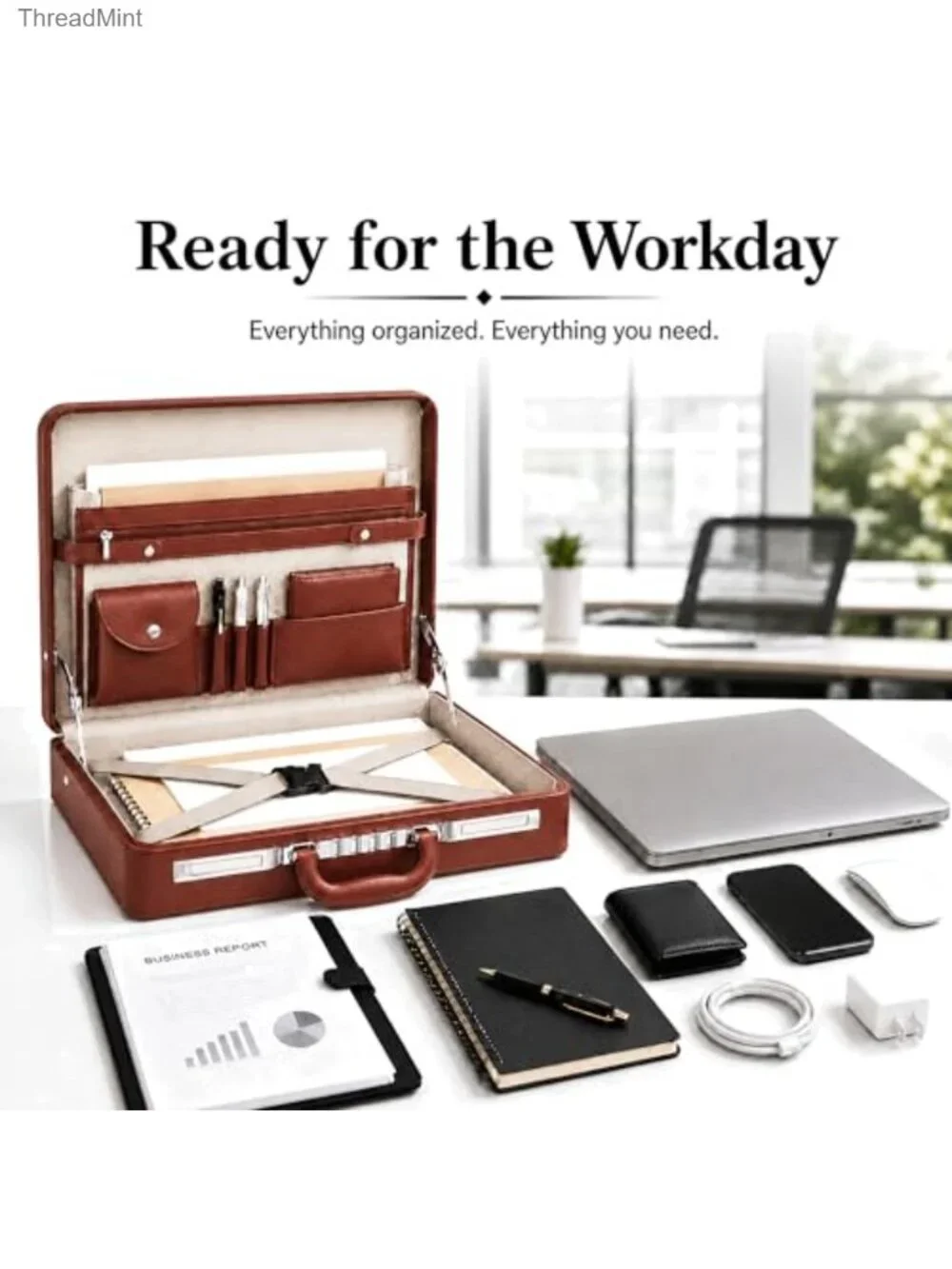 Men's Leather Briefcase with Combination Lock Hard Shell Laptop Attache